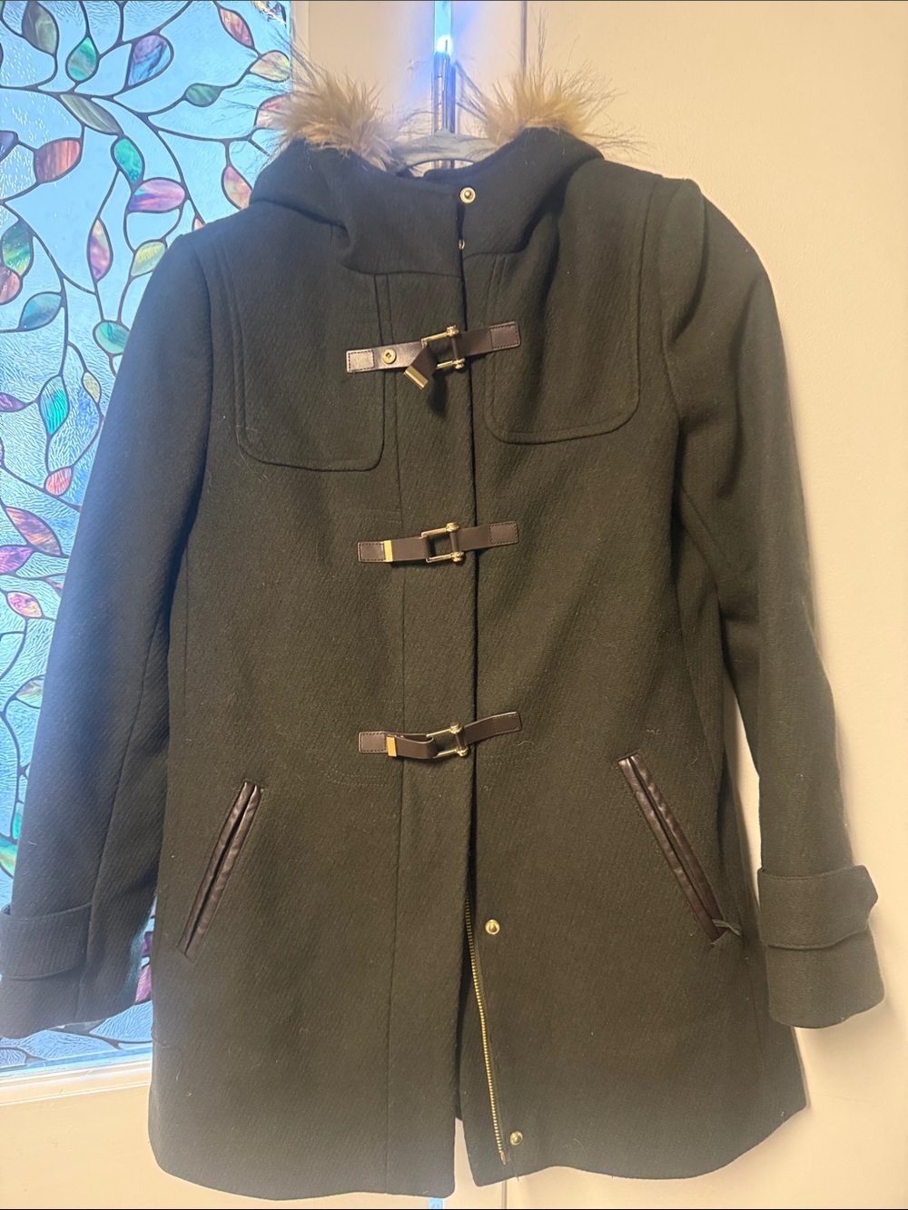 Cole Haan Forest Green Hooded Pea Coat with Faux-Fur Trim